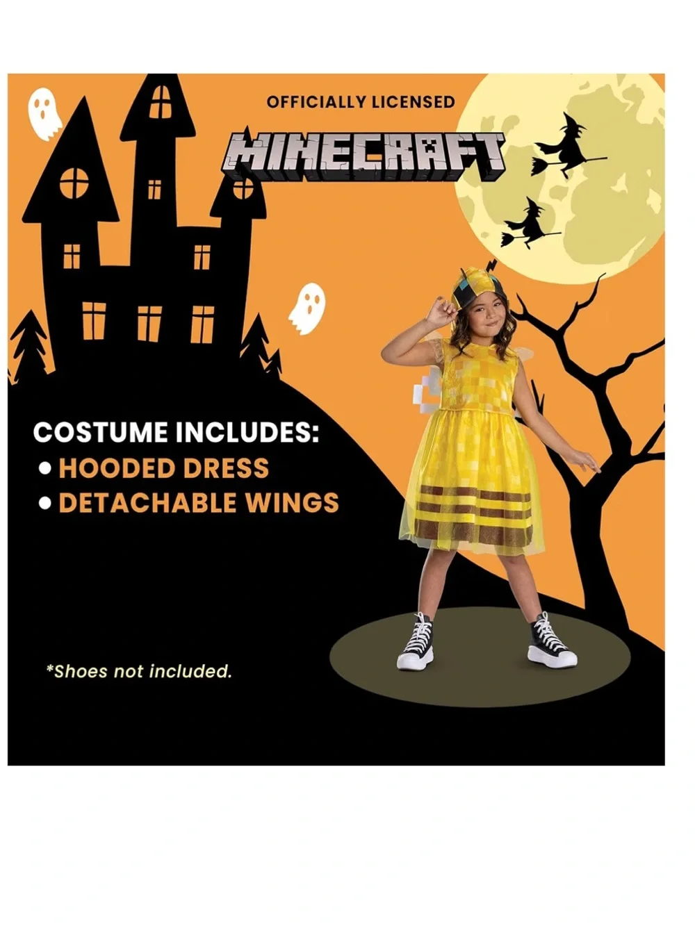 Minecraft Official Kids Yellow Bee Dress Costume with Hood and Wings